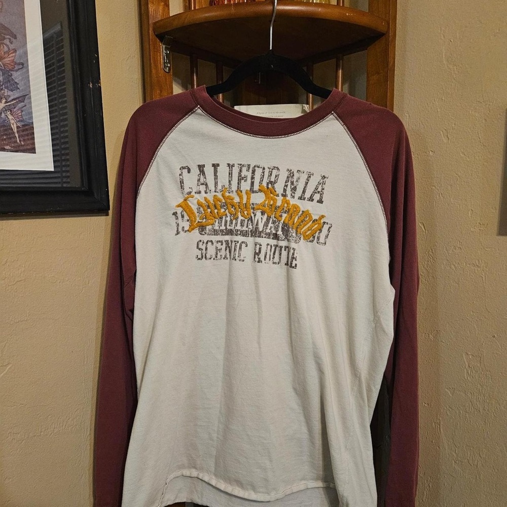Lucky Brand Cream Raglan Tee with Burgundy Sleeves and Yellow Script